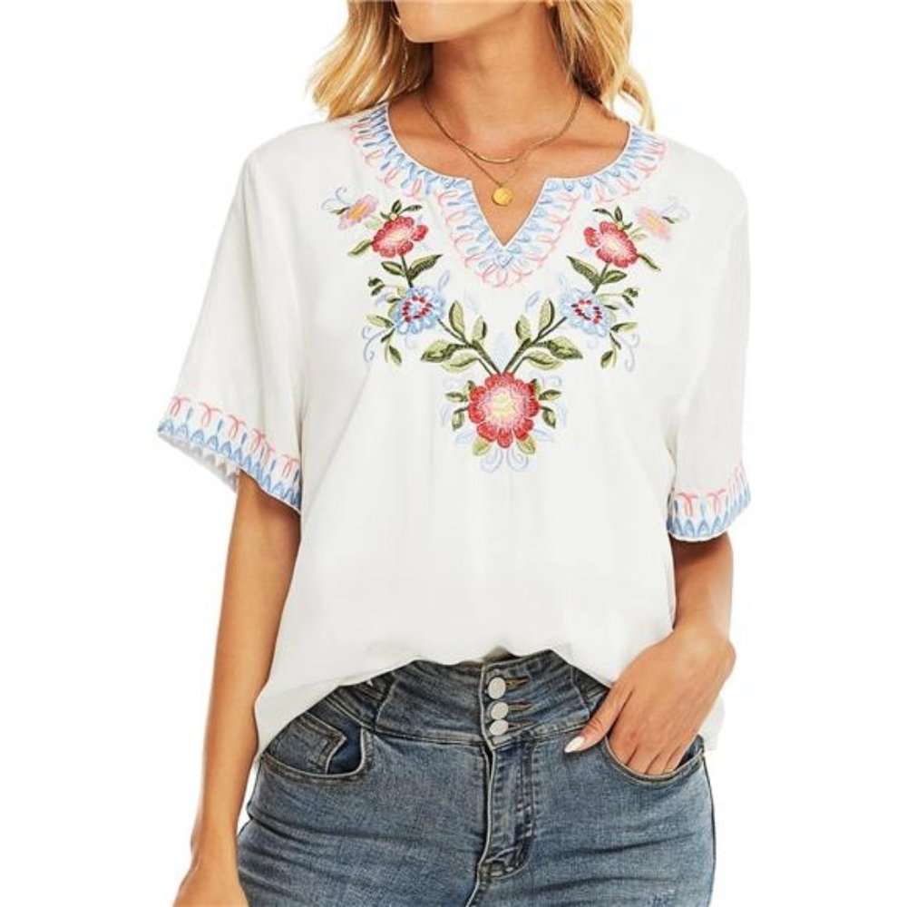 Mexican Embroidered Tops for Women Boho Peasant Floral Shirt Tunic Blouse